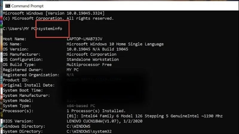 Sử dụng lệnh systeminfo để mở cấu hình máy và xem phần cứng.