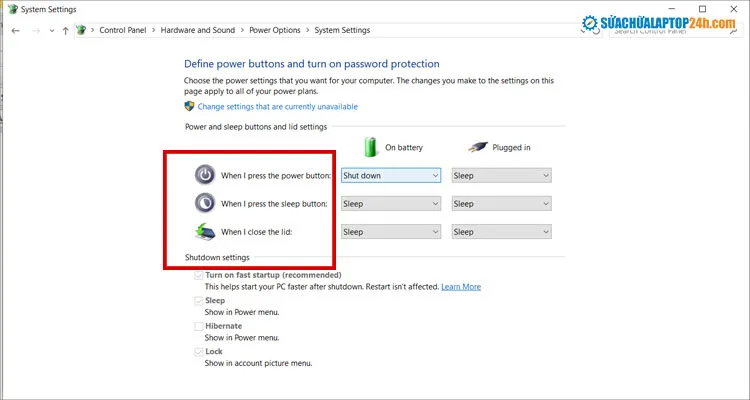 Cài đặt nâng cao chế độ ngủ laptop tại các mục như hình