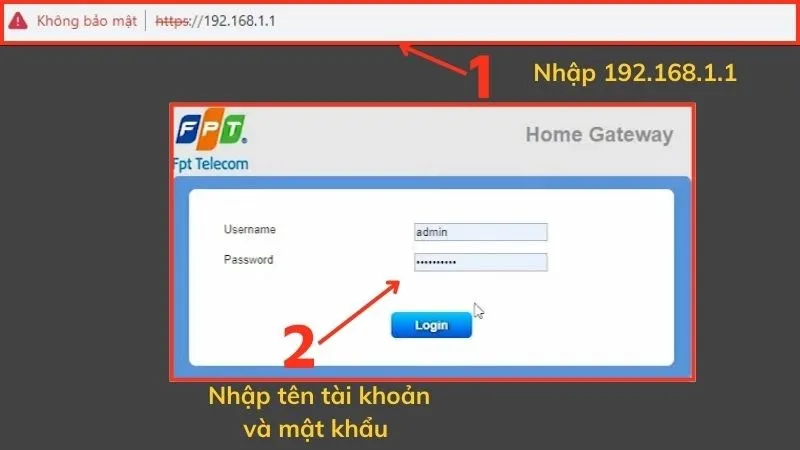 Người dùng truy cập vào trang quản lý modem FPT bằng địa chỉ IP 192.168.1.1