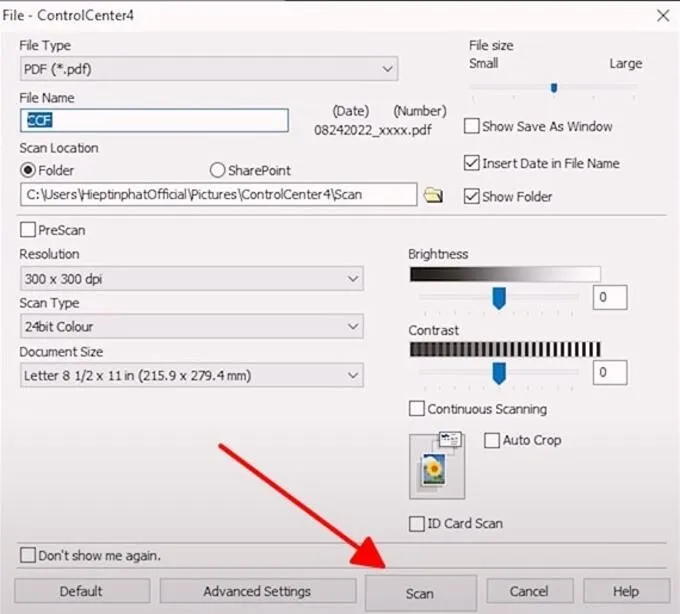 Bắt đầu quét tài liệu và lựa chọn định dạng file đầu ra trên máy in Brother