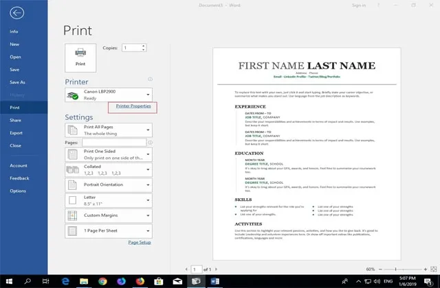 tuy chon printer properties tren may in canon