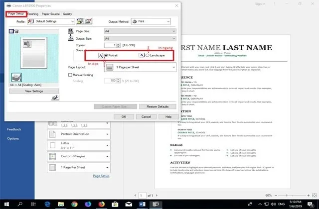 tuy chon orientation tren may in canon