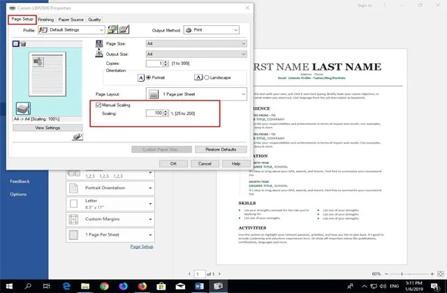 tuy chon manual scaling tren may in canon