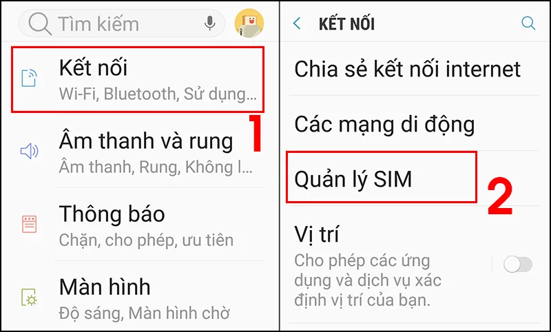 Tìm mục Quản lý SIM để bắt đầu cách sử dụng máy 2 sim trên Samsung