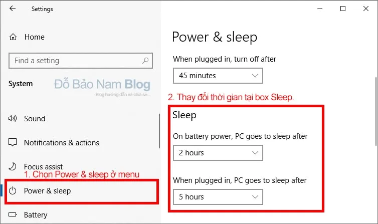 Tùy chọn Power &amp; sleep trong Windows Settings để điều chỉnh thời gian hoặc tắt chế độ ngủ trên máy tính