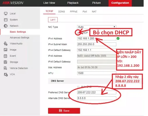 Mô tả hình ảnh: Giao diện cấu hình mạng TCP/IP của đầu ghi Hikvision, hiển thị các tùy chọn DHCP, địa chỉ IPv4, Subnet Mask và Default Gateway.