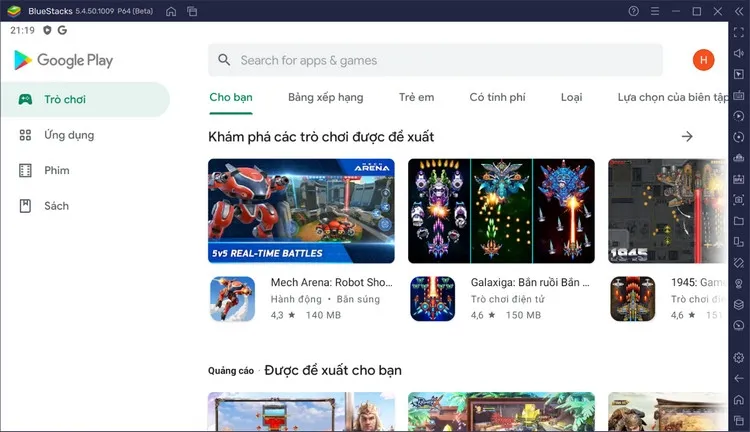 Giao diện Google Play Store trong BlueStacks, chuẩn bị tìm kiếm Messenger Lite để cài đặt và sử dụng Messenger trên máy tính