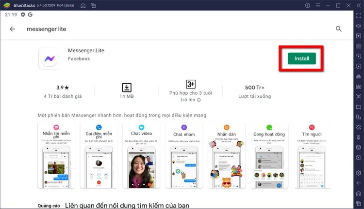 Cài đặt Messenger Lite trên BlueStacks, một bước trong hướng dẫn cách sử dụng Messenger trên máy tính với giả lập