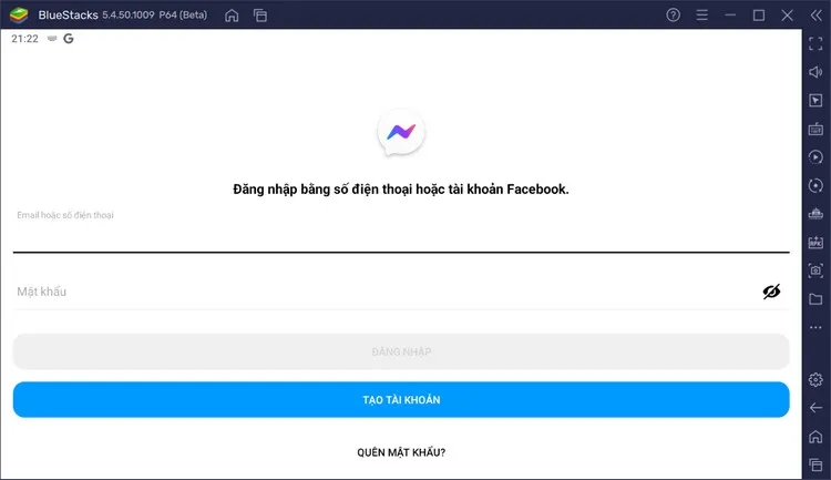 Giao diện Messenger Lite sau khi đăng nhập trên BlueStacks, sẵn sàng để sử dụng Messenger trên máy tính cho việc chat và gọi điện