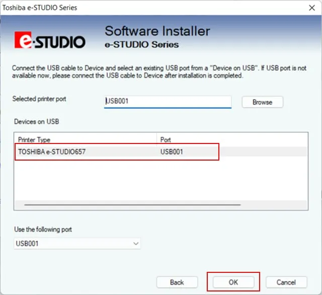 Xác nhận để máy tính tìm máy photocopy Toshiba 723 qua cổng USB