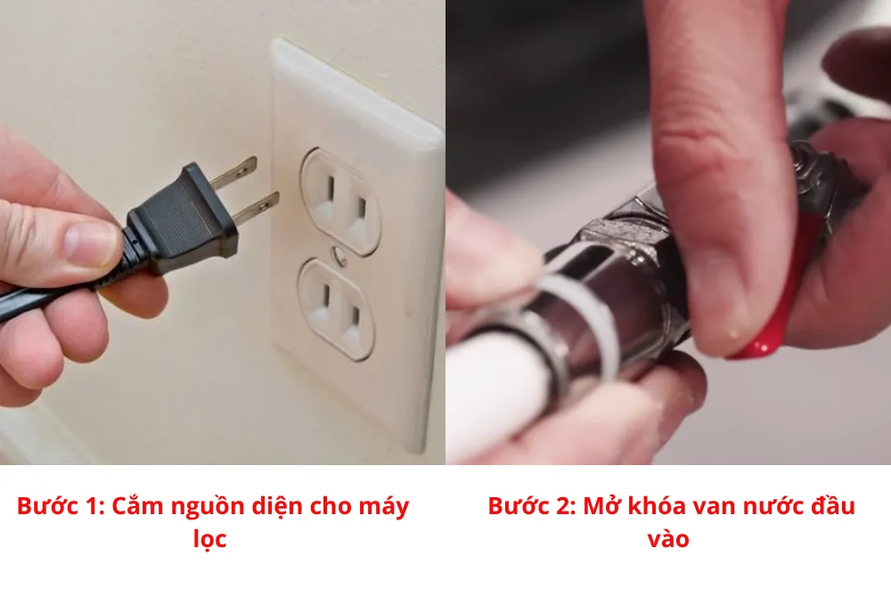 Cắm nguồn điện và mở van khóa nước đầu vào để khởi động lại máy lọc và kiểm tra hệ thống ống dẫn