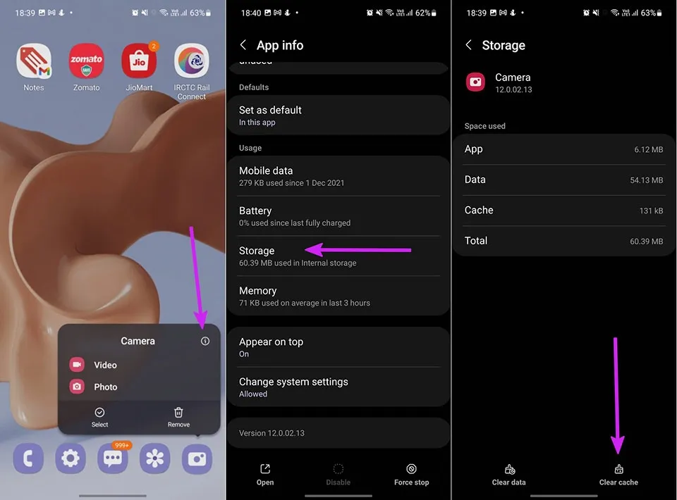 Tùy chọn xóa bộ nhớ đệm (Clear Cache) trong cài đặt ứng dụng máy ảnh Samsung