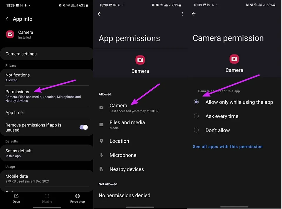 Cấp quyền truy cập cho ứng dụng máy ảnh Samsung trong cài đặt bảo mật