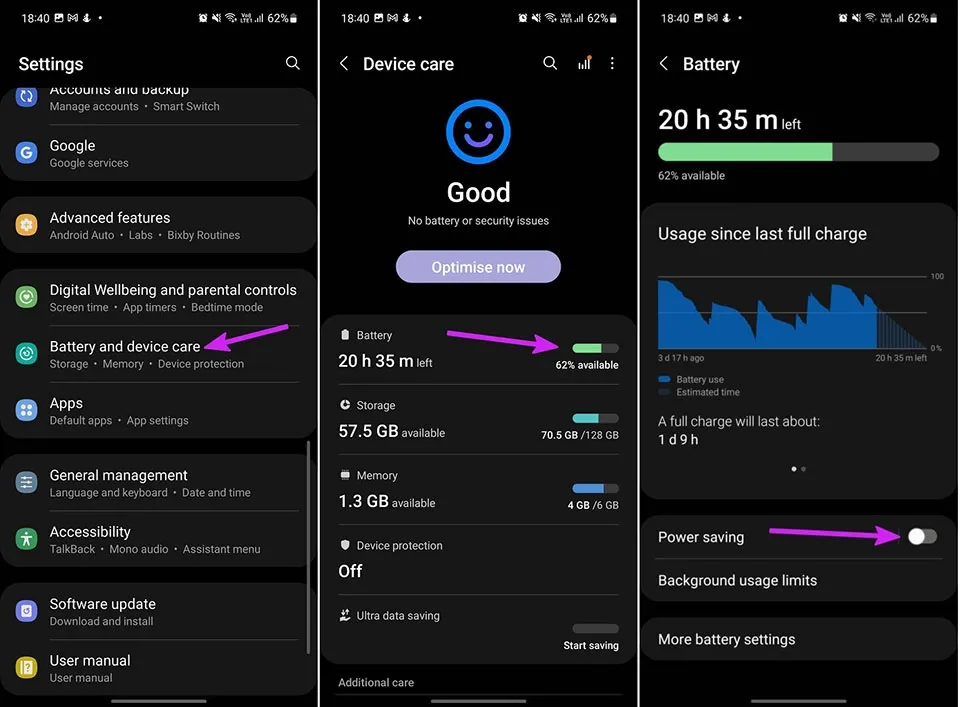 Giao diện cài đặt chế độ tiết kiệm pin trên điện thoại Samsung