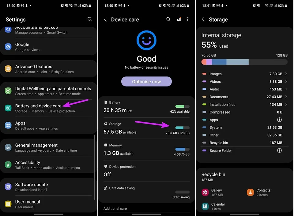 Màn hình kiểm tra dung lượng bộ nhớ trống trên điện thoại Samsung
