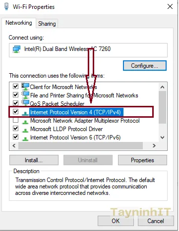 Chọn Internet Protocol Version 4 (TCP/IPv4) và Properties