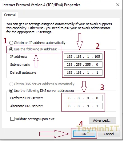 Cấu hình IP tĩnh, Subnet Mask, Gateway và DNS