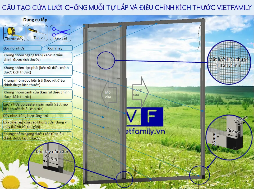 Cấu tạo cửa lưới chống muỗi tự lắp điều chỉnh kích thước Vietfamily