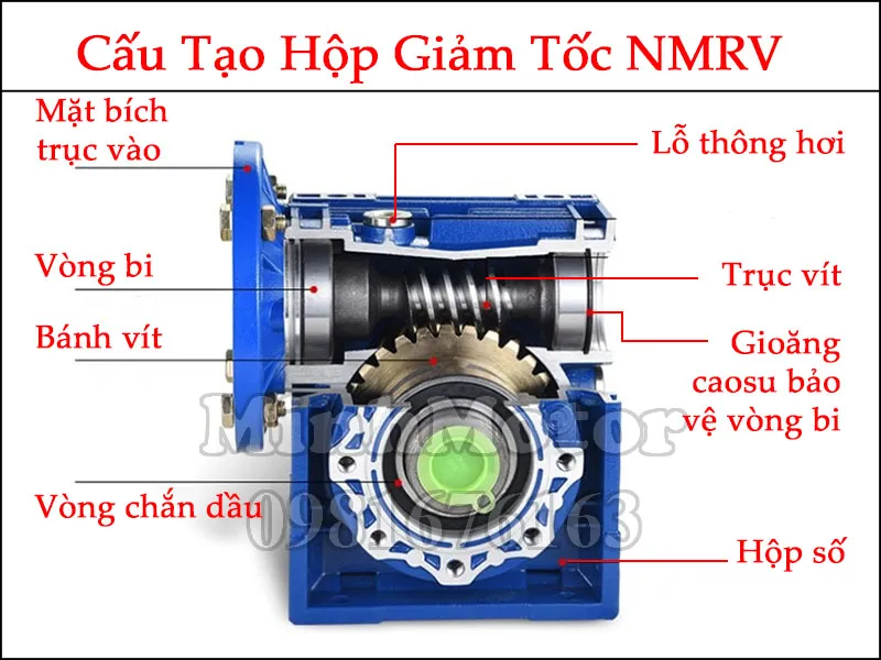 Sơ đồ cấu tạo chi tiết của hộp số giảm tốc trục vít NMRV