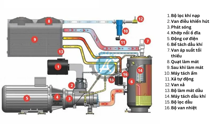 Sơ đồ chi tiết cấu tạo bên trong máy nén khí trục vít có dầu