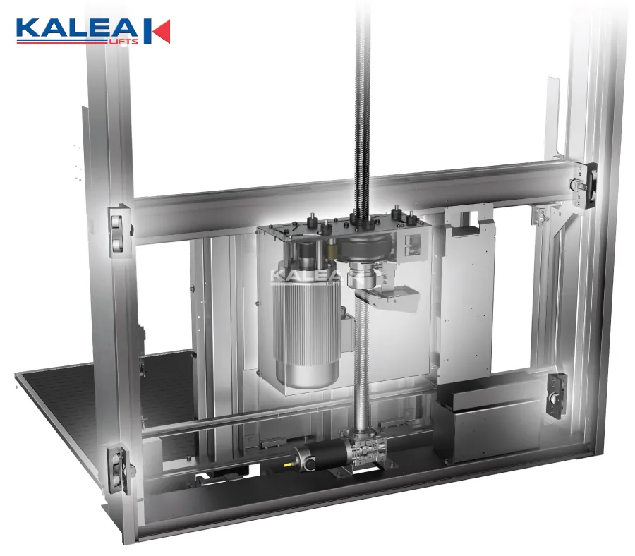 Sơ đồ cấu tạo và nguyên lý hoạt động của thang máy trục vít với trục vít, bánh răng và dây curoa