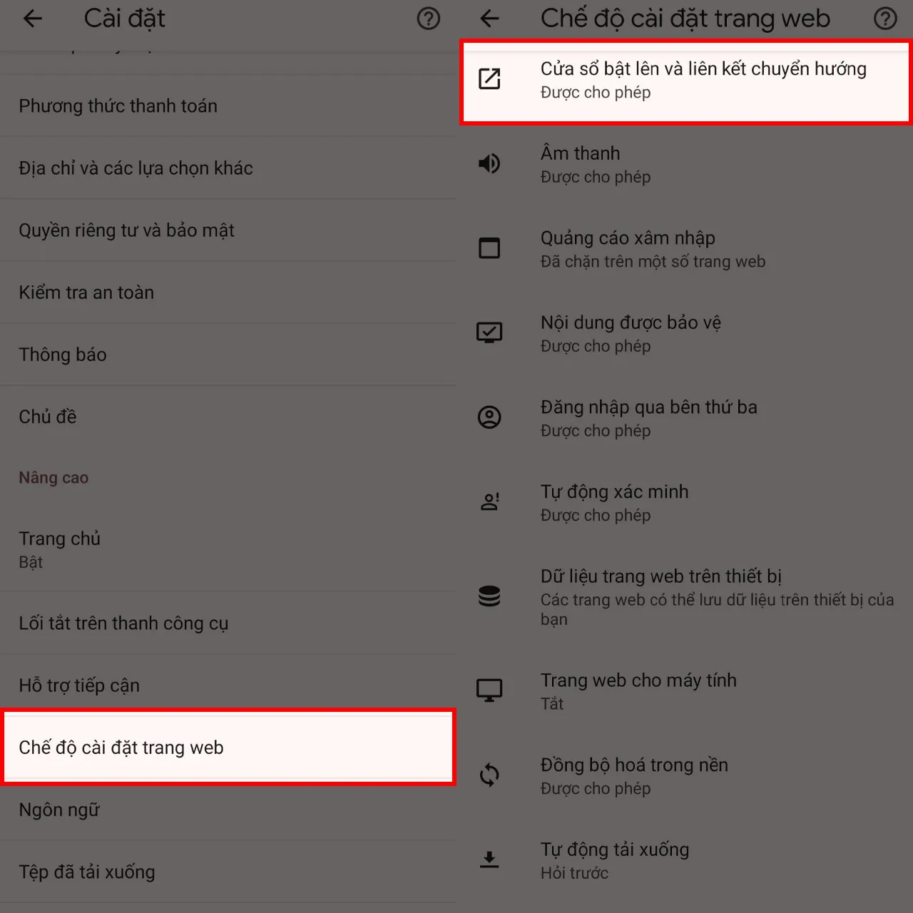 Thiết lập trang web chặn liên kết chuyển hướng Chrome
