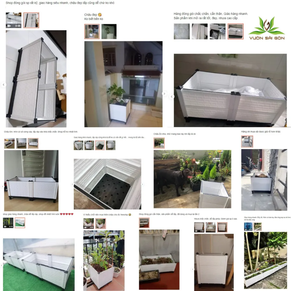 Một người đang làm vườn với chậu nhựa trồng cây loại to tự lắp ghép màu trắng