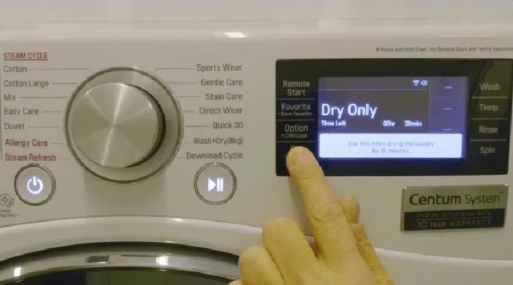 Minh họa chế độ sấy riêng Dry trên máy giặt LG, hướng dẫn cách sử dụng chức năng sấy của máy giặt LG.
