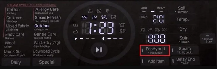 Biểu tượng và hướng dẫn sử dụng tính năng sấy EcoHybrid của máy giặt LG, cách sử dụng chức năng sấy của máy giặt LG.