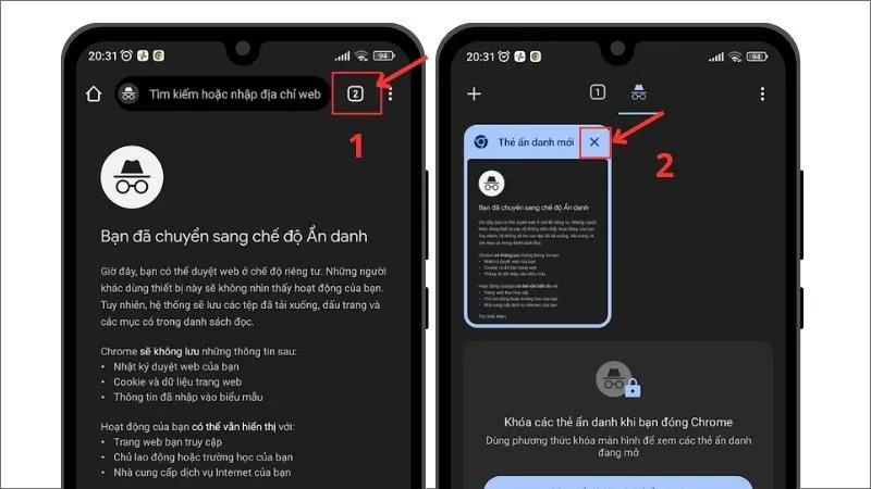 Cách tắt tab ẩn danh trên điện thoại Android, nhấn biểu tượng đóng