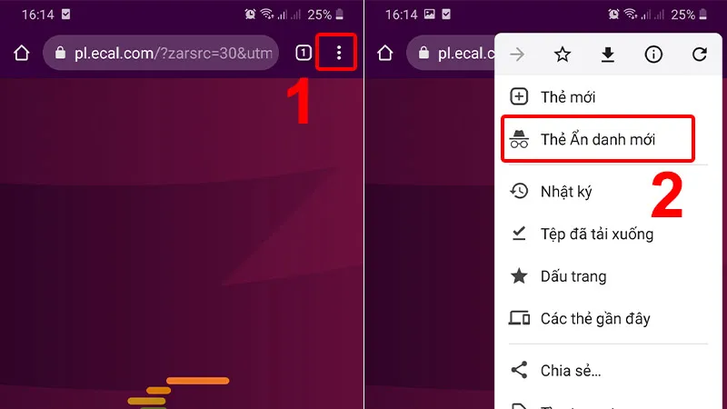Cách bật chế độ ẩn danh trên điện thoại Android, chọn Thẻ Ẩn danh mới