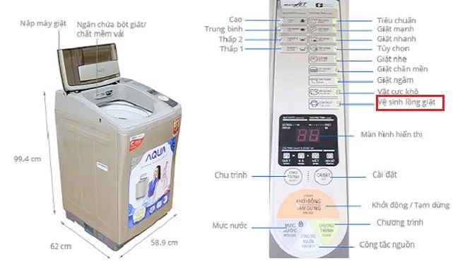 Bảng điều khiển máy giặt Aqua 8kg cửa trên với chế độ vệ sinh lồng giặt tự động
