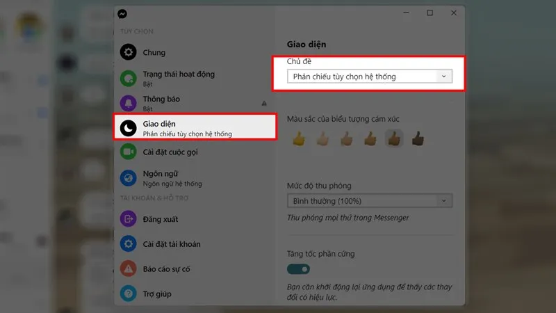 Chọn Giao diện trong mục Tùy chọn để thiết lập chế độ ban đêm Messenger