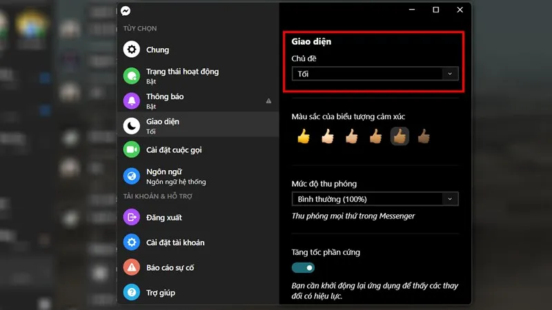 Thay đổi Chủ đề thành chế độ Tối để kích hoạt Messenger ban đêm PC