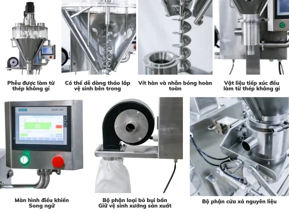 Cận cảnh chi tiết các bộ phận quan trọng của máy định lượng trục vít, cho thấy phễu chứa, trục vít, động cơ và bảng điều khiển.