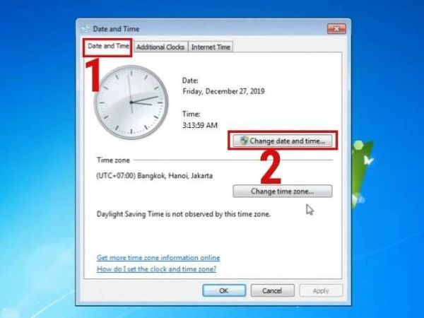 Lựa chọn múi giờ trên Windows 7