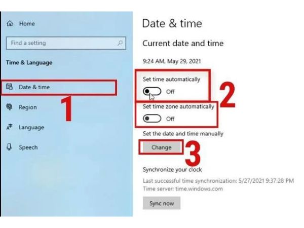 Minh họa các tùy chọn để điều chỉnh ngày và giờ trên Windows 10