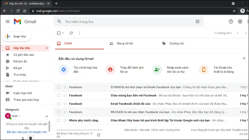 Tổng quan giao diện hộp thư chính của Gmail trên máy tính, giúp người dùng dễ dàng quản lý email.
