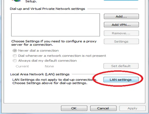 Chọn tab Kết nối và Cài đặt mạng LAN trong Tùy chọn Internet