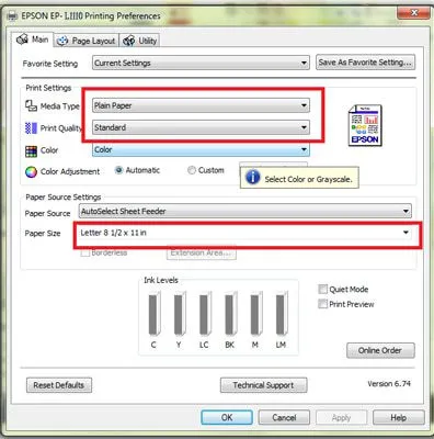 Giao diện chọn máy in Epson L1110 khi thực hiện lệnh in từ máy tính