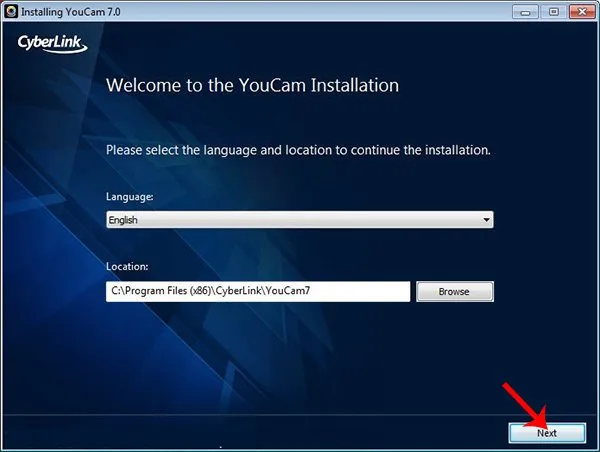 Chọn ngôn ngữ và vị trí cài đặt CyberLink YouCam để mở máy nhanh Windows 7