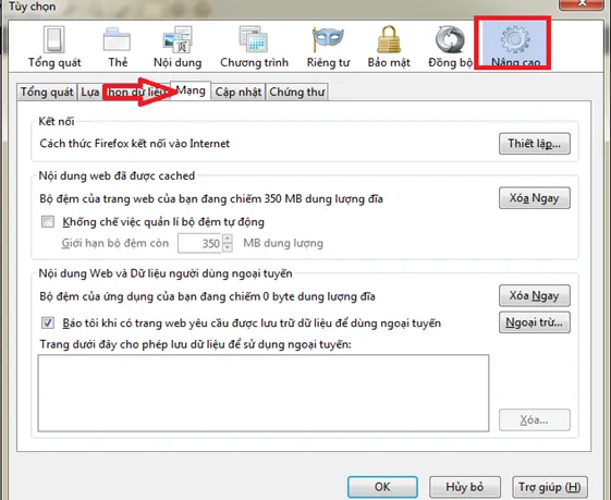 Chọn thiết lập mạng trong cài đặt nâng cao của Firefox