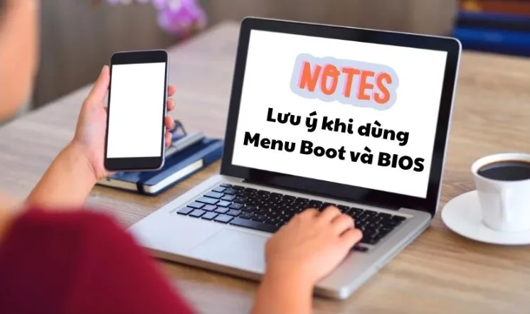 Hình ảnh minh họa các lưu ý quan trọng khi thao tác với menu Boot và BIOS trên máy tính Asus.