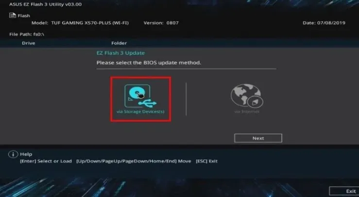 Chọn chức năng cập nhật BIOS từ thiết bị lưu trữ (USB) trong menu UEFI của laptop Asus.