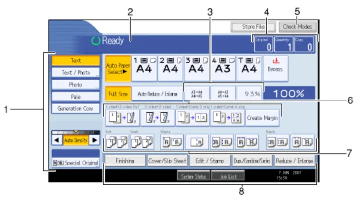Bảng điều khiển máy photocopy Ricoh hiển thị các chế độ sao chụp văn bản và hình ảnh để tối ưu chất lượng.
