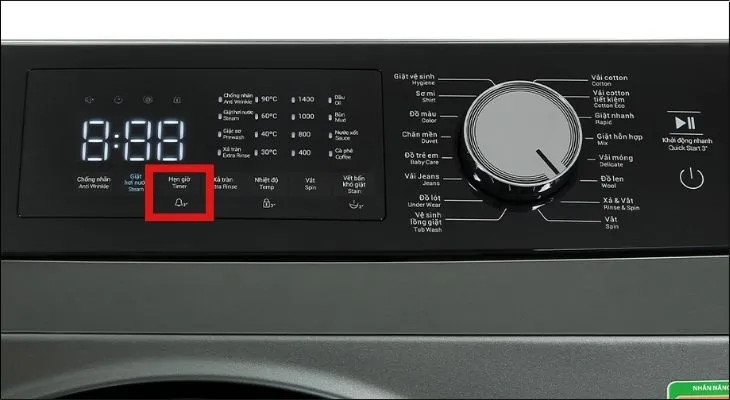 Màn hình hiển thị chức năng Delay Timer (Hẹn giờ) trên máy giặt Hitachi, cho phép người dùng lên lịch giặt linh hoạt và chủ động.