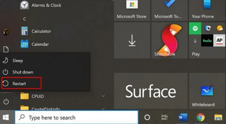 Chọn Restart để khởi động lại máy tính