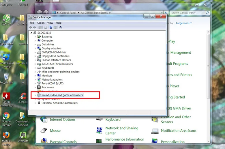 Cách sửa lỗi máy tính bị mất tiếng: Vào Sound, video and game controllers
