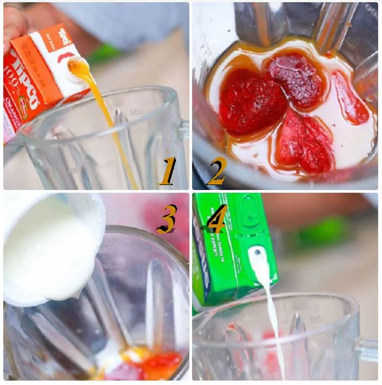 Minh họa các bước lắp đặt và cho nguyên liệu vào cối xay sinh tố, hướng dẫn cụ thể cách sử dụng máy xay sinh tố theo trình tự để đạt hiệu quả tối ưu.