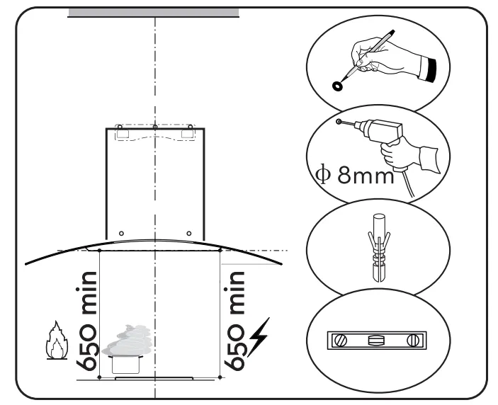 Cố định giá đỡ máy hút mùi kính cong vào tường bằng khoan và vít